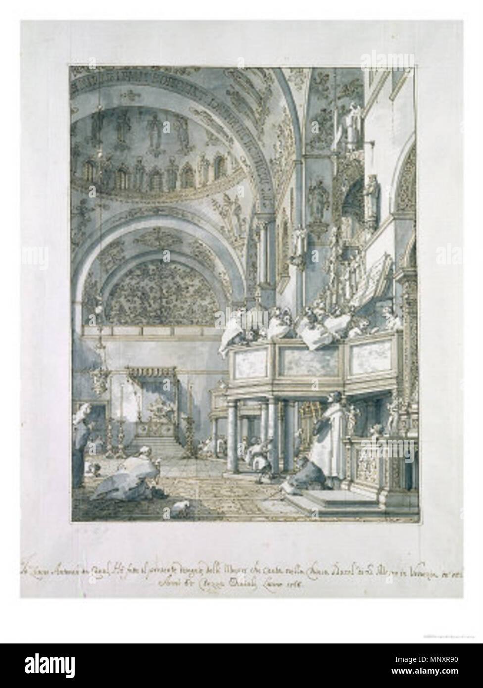 . English: The Choir Singing in St. Mark`s Basilica (Venice) . 1766.   Canaletto  (1697–1768)      Alternative names Birth name: Giovanni Antonio Canal pseudonym: Il Canaletto  Description Italian painter, draughtsman and etcher  Date of birth/death 17 October 1697 10 April 1768  Location of birth/death Venice Venice  Work period from 1716 until 1768  Work location Venice (1716–1719), Rome (1719), Vienna, Dresden, Venice (1720–1746), London (circa 1746–1756), Venice (circa 1756–1768)  Authority control  : Q182664 VIAF: 88652637 ISNI: 0000 0001 2142 8397 ULAN: 500115269 LCCN: n79065963 NLA: 362 Stock Photo
